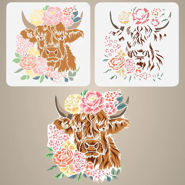 White_Floral_Cow_Painting_Stencil_Peony_Flower_Farm_Animal_Design_Diy_And_Craft