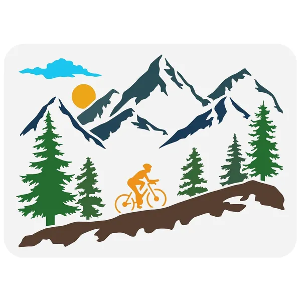 White_Mountain_Tree_And_Cyclist_Stencil_Mountaineering_Biker_Sunrise_Painting_Template_Diy_And_Craft