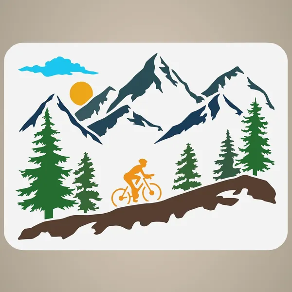 White_Mountain_Tree_And_Cyclist_Stencil_Mountaineering_Biker_Sunrise_Painting_Template_Diy_And_Craft