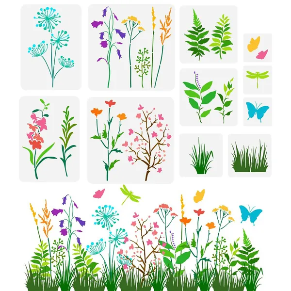 White_Wildflowers_Stencils_Flower_Grass_Leaf_Butterfly_Dragonfly_Patterns_Diy_And_Craft