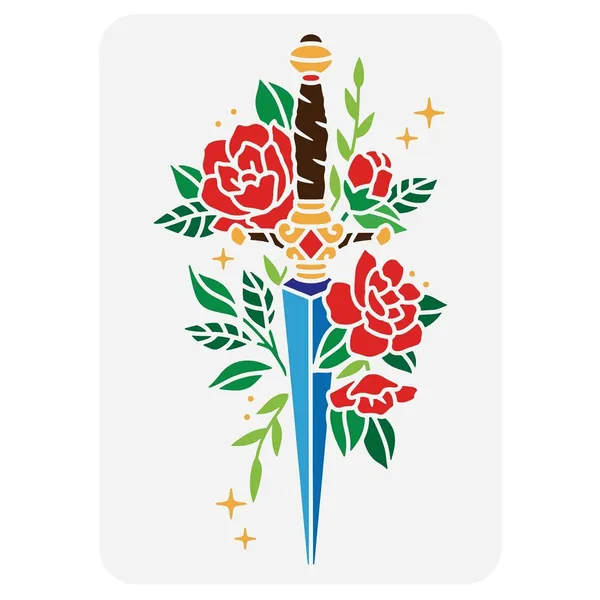 White_Flowers_Sword_Stencil_Peony_Flower_Leaves_Stars_Pattern_Sword_Template_Diy_And_Craft