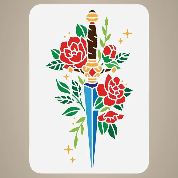 White_Flowers_Sword_Stencil_Peony_Flower_Leaves_Stars_Pattern_Sword_Template_Diy_And_Craft
