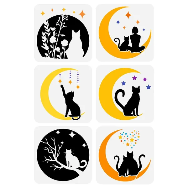 White_Moon_Cat_Painting_Stencil_Set_Cat_Silhouette_Star_Girl_Flower_Pattern_Drawing_Template_Diy_And_Craft
