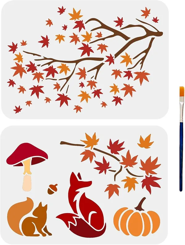 White_Autumn_Fall_Painting_Stencils_Maple_Leaf_Mushroom_Fox_Pumpkin_Reusable_Wall_Fabric_Craft_X_Cm_Home_Decor