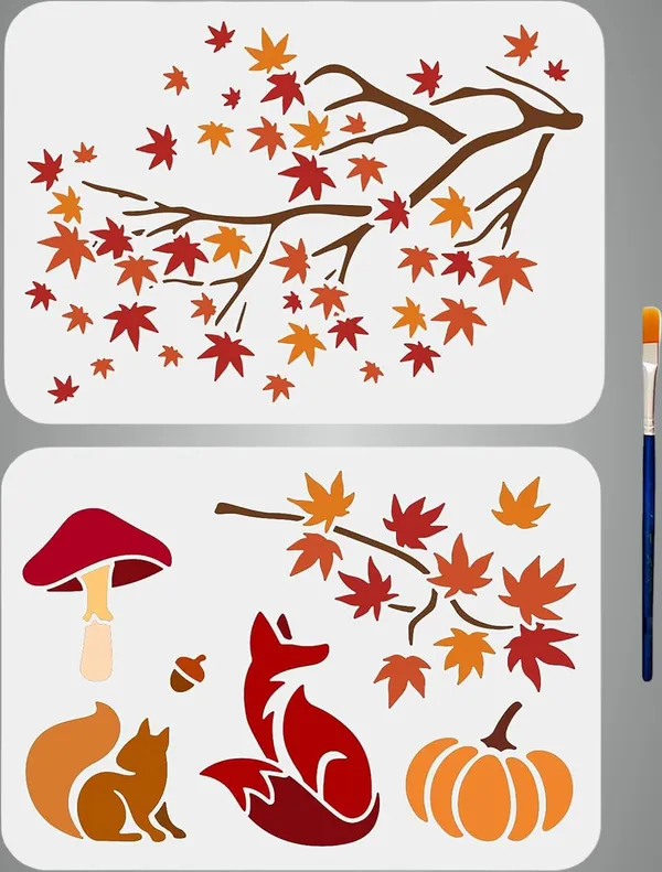White_Autumn_Fall_Painting_Stencils_Maple_Leaf_Mushroom_Fox_Pumpkin_Reusable_Wall_Fabric_Craft_X_Cm_Home_Decor