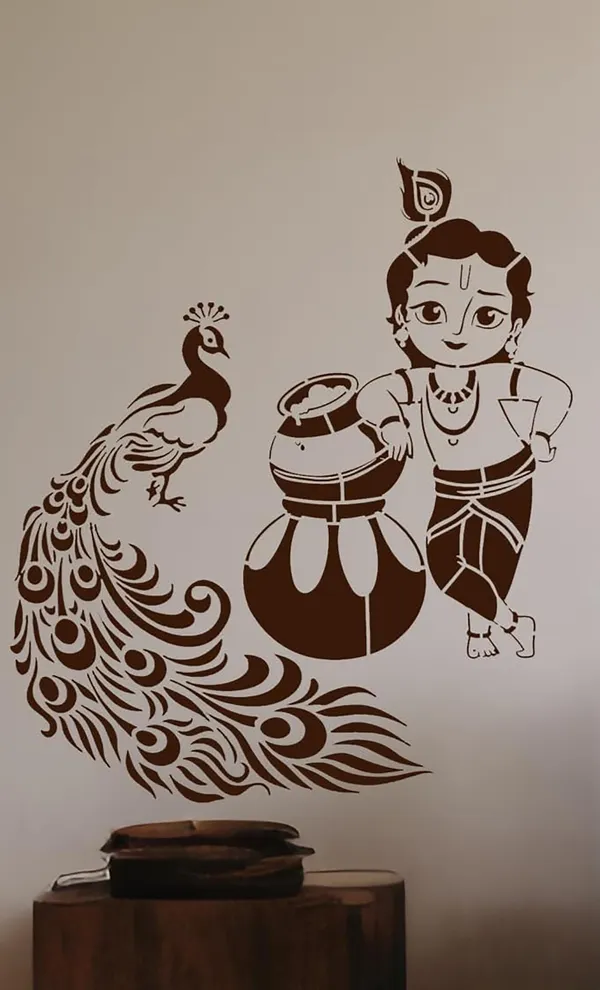 Beige_Wall_Painting_Stencils_Peacock_Bird_Natkhat_Krishna_Design_Diy_Kids_Room_Entrance_Bedroom_Modern_Pattern_Home_Decoration_X_Kids