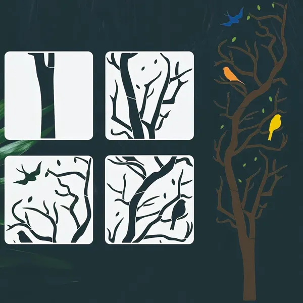 White_Reusable_Tree_Bird_Silhouette_Stencils_Large_Leaf_Branch_Templates_Diy_And_Craft
