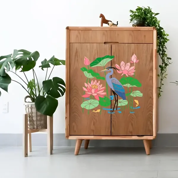 White_Heron_Lotus_Stencil_Reusable_Splicing_Pond_Landscape_Template_Home_Decor