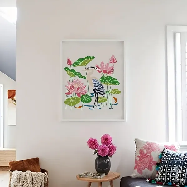 White_Heron_Lotus_Stencil_Reusable_Splicing_Pond_Landscape_Template_Home_Decor