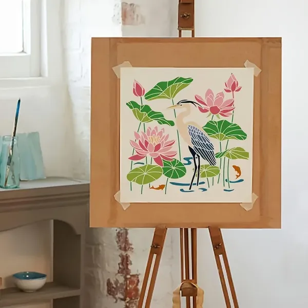 White_Heron_Lotus_Stencil_Reusable_Splicing_Pond_Landscape_Template_Home_Decor