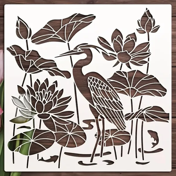 White_Heron_Lotus_Stencil_Reusable_Splicing_Pond_Landscape_Template_Home_Decor
