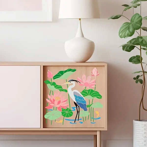 White_Heron_Lotus_Stencil_Reusable_Splicing_Pond_Landscape_Template_Home_Decor