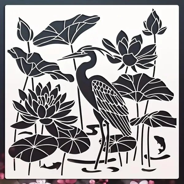 White_Heron_Lotus_Stencil_Reusable_Splicing_Pond_Landscape_Template_Home_Decor