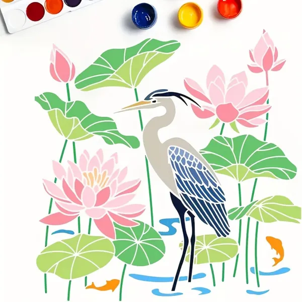 White_Heron_Lotus_Stencil_Reusable_Splicing_Pond_Landscape_Template_Home_Decor