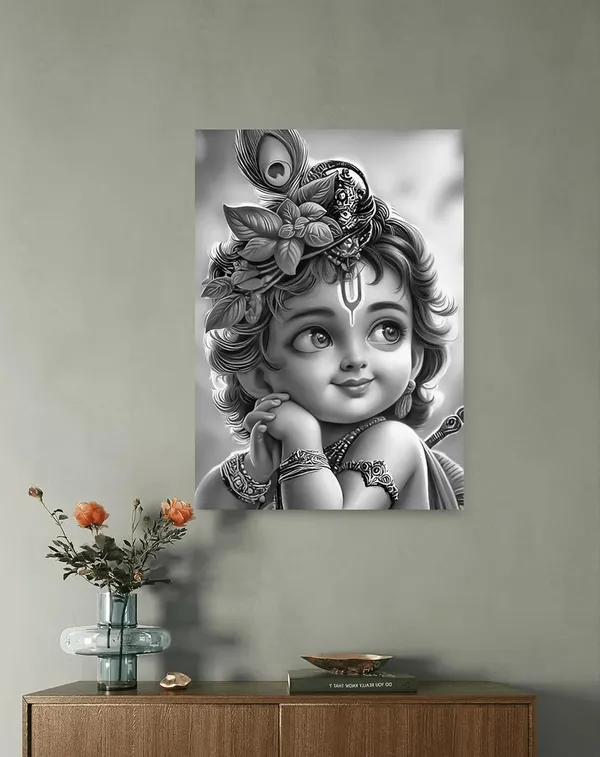 Multicolour_Baby_Krishna_Hd_Printed_Aluminum_Wall_Art_Black_White_Spiritual_Decor_Baby