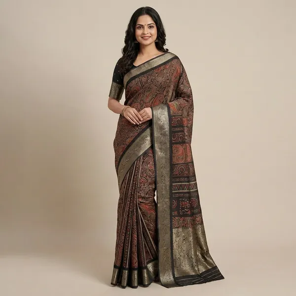 Premium_Soft_Georgette_Ajrakh_Print_Saree_With_Zari_Border,_Lightweight_Daily_And_Office_Wear_Saree_With_Designer_Blouse_Piece