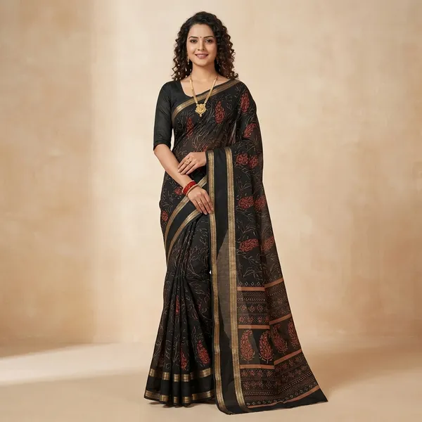 Premium_Black_Georgette_Saree_With_Uniform_Print_And_Matching_Blouse