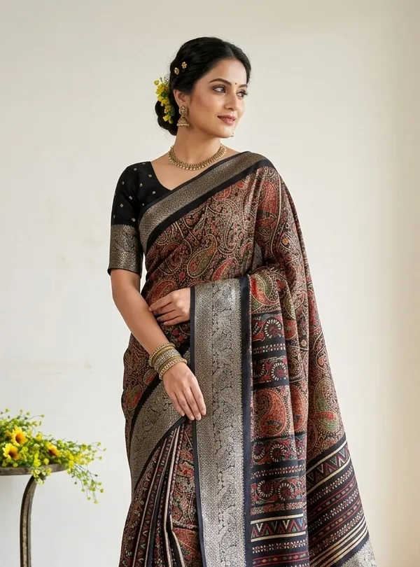 Premium_Soft_Georgette_Ajrakh_Print_Saree_With_Zari_Border,_Lightweight_Daily_And_Office_Wear_Saree_With_Designer_Blouse_Piece