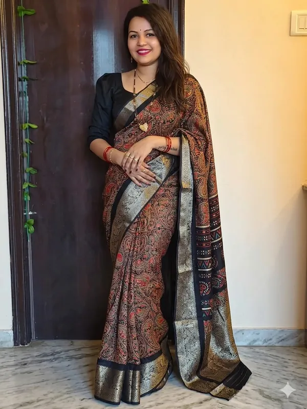 Premium_Soft_Georgette_Ajrakh_Print_Saree_With_Zari_Border,_Lightweight_Daily_And_Office_Wear_Saree_With_Designer_Blouse_Piece