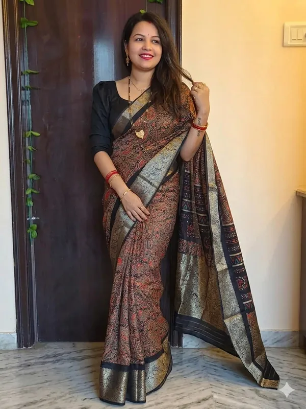 Premium_Soft_Georgette_Ajrakh_Print_Saree_With_Zari_Border,_Lightweight_Daily_And_Office_Wear_Saree_With_Designer_Blouse_Piece
