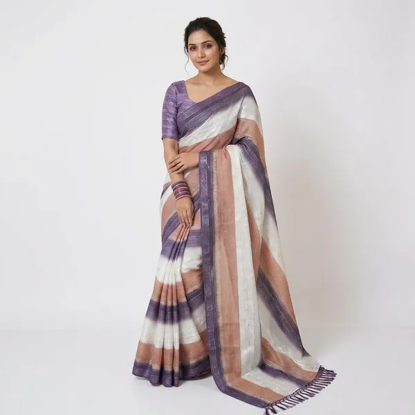 Trendy_Soft_Silk_Multi_Color_Striped_Saree_With_Elegant_Tassels