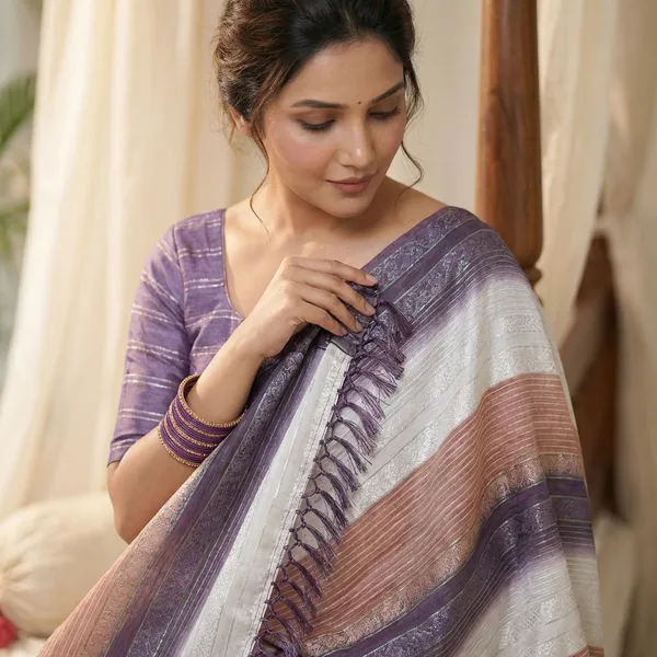 Trendy_Soft_Silk_Multi_Color_Striped_Saree_With_Elegant_Tassels