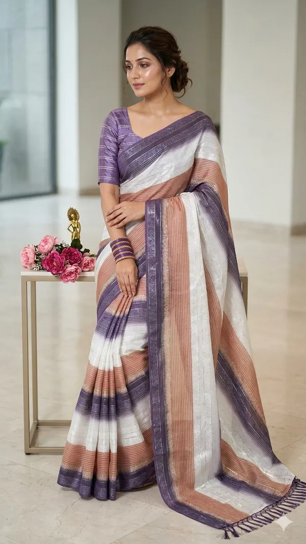 Trendy_Soft_Silk_Multi_Color_Striped_Saree_With_Elegant_Tassels