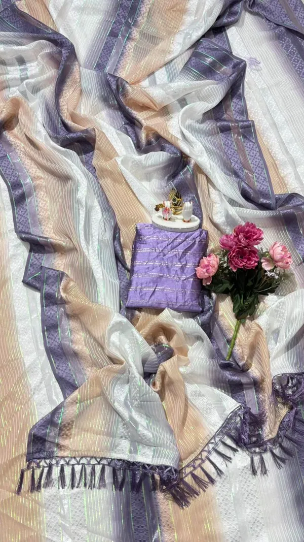 Trendy_Soft_Silk_Multi_Color_Striped_Saree_With_Elegant_Tassels