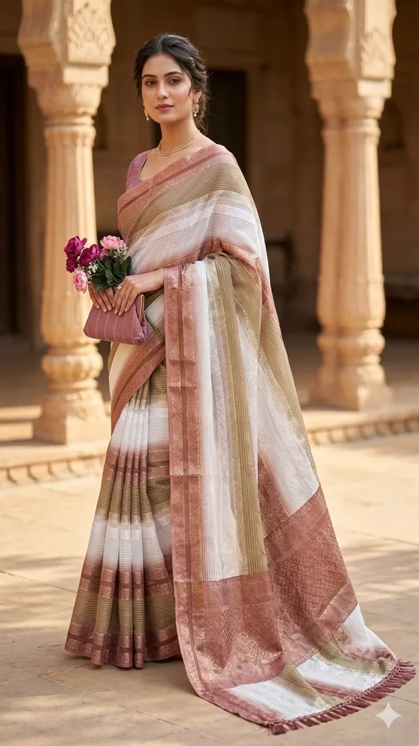 Trendy_Soft_Silk_Multi_Color_Striped_Saree_With_Elegant_Tassels