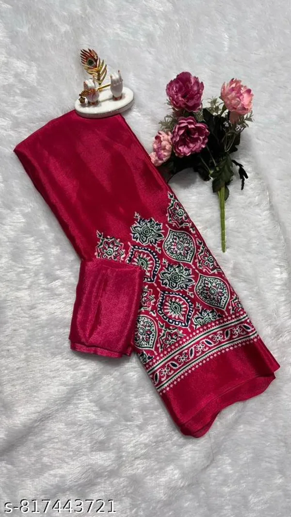 Premium_Rani_Pink_Satin_Silk_Ajrakh_Print_Saree_With_Paisley_Border_And_Unstitched_Blouse_Piece