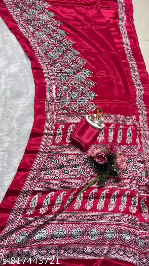Premium_Rani_Pink_Satin_Silk_Ajrakh_Print_Saree_With_Paisley_Border_And_Unstitched_Blouse_Piece