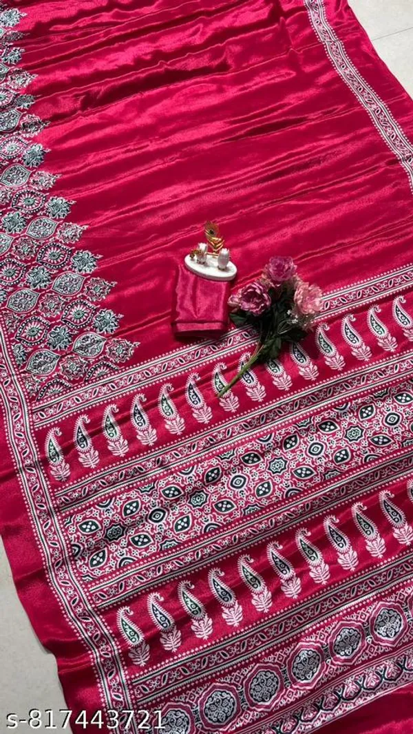 Premium_Rani_Pink_Satin_Silk_Ajrakh_Print_Saree_With_Paisley_Border_And_Unstitched_Blouse_Piece