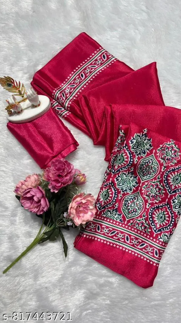 Premium_Rani_Pink_Satin_Silk_Ajrakh_Print_Saree_With_Paisley_Border_And_Unstitched_Blouse_Piece