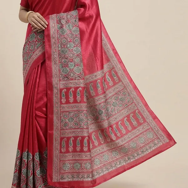 Premium_Rani_Pink_Satin_Silk_Ajrakh_Print_Saree_With_Paisley_Border_And_Unstitched_Blouse_Piece