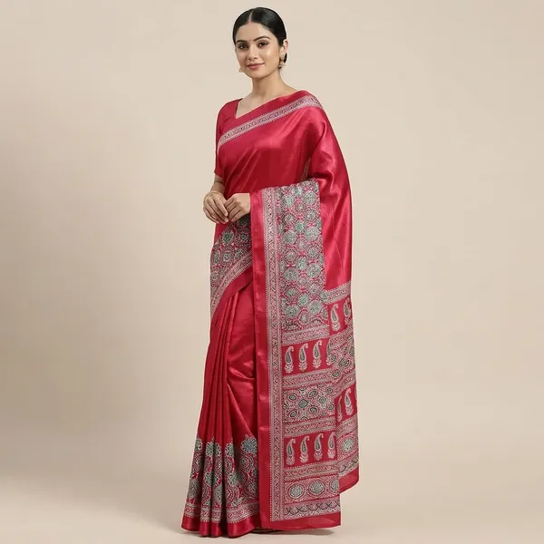 Premium_Rani_Pink_Satin_Silk_Ajrakh_Print_Saree_With_Paisley_Border_And_Unstitched_Blouse_Piece