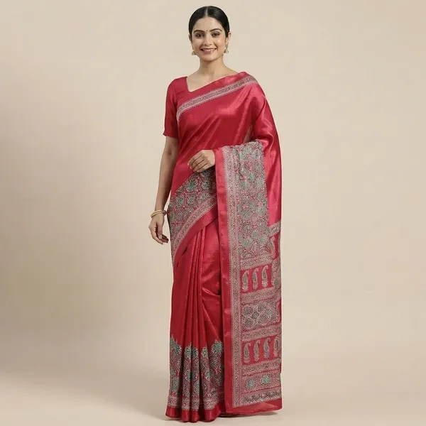 Premium_Rani_Pink_Satin_Silk_Ajrakh_Print_Saree_With_Paisley_Border_And_Unstitched_Blouse_Piece