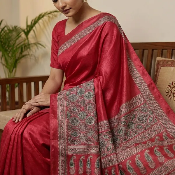 Premium_Rani_Pink_Satin_Silk_Ajrakh_Print_Saree_With_Paisley_Border_And_Unstitched_Blouse_Piece