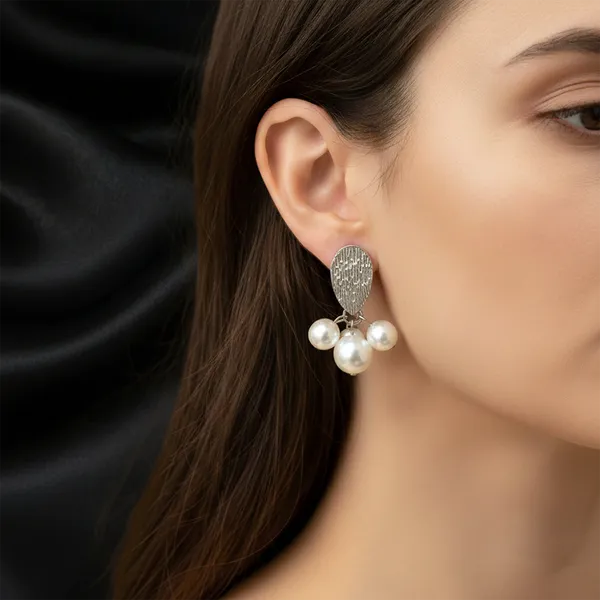 The99jewel_Silver_Textured_Stud_Earrings_With_Pearl_Cluster_Drops_Silver
