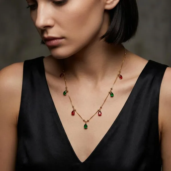 The99jewel_Minimal_Gold_Chain_Necklace_With_Crystal_Drop_Charms_Green_Red