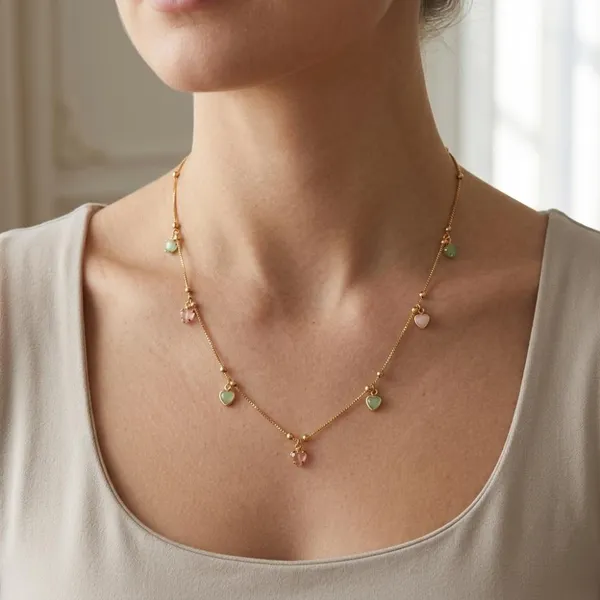 The99jewel_Minimal_Gold_Chain_Necklace_With_Crystal_Drop_Charms_Green_Pink