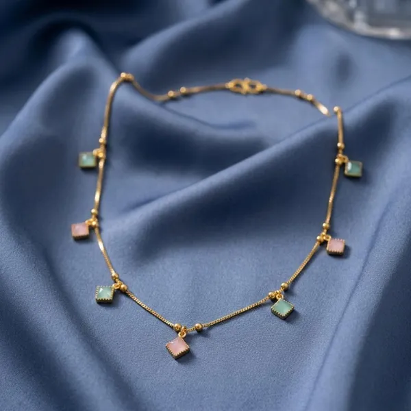 The99jewel_Minimal_Gold_Chain_Necklace_With_Crystal_Drop_Charms_Green_Pink