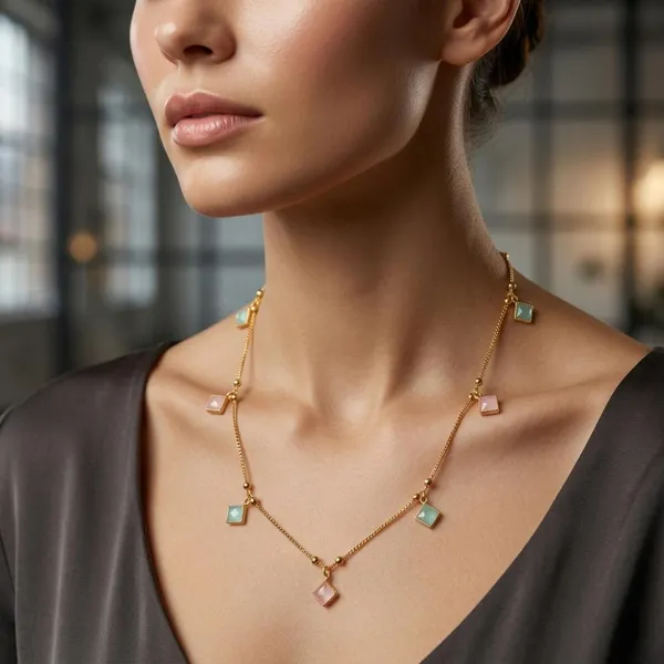 The99jewel_Minimal_Gold_Chain_Necklace_With_Crystal_Drop_Charms_Green_Pink