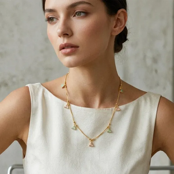 The99jewel_Minimal_Gold_Chain_Necklace_With_Crystal_Drop_Charms_Green_Pink