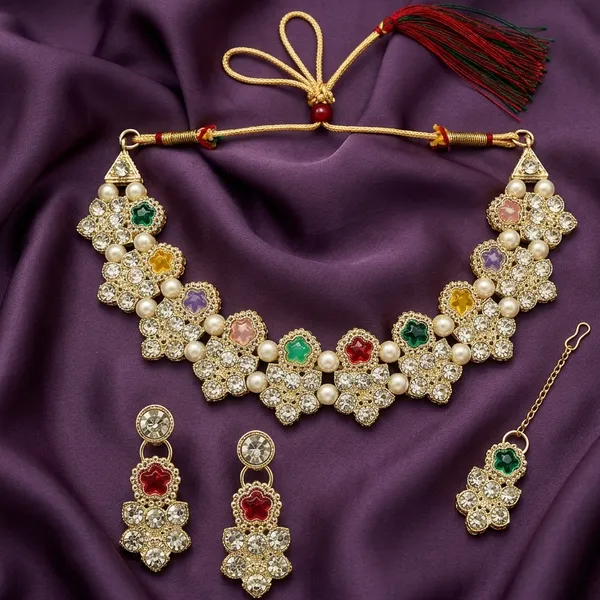The99jewel_Contemporary_Silver_Plated_Crystal_Stone_Necklace_Set_For_Women_Gold
