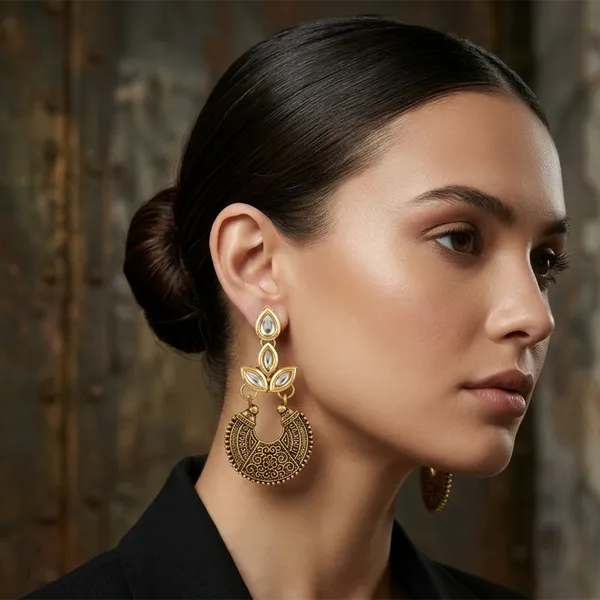 The99jewel_Antique_Gold_Floral_Stone_Chandbali_Earrings_For_Women_White