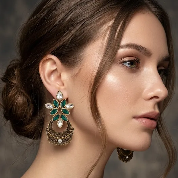 The99jewel_Antique_Gold_Floral_Stone_Chandbali_Earrings_For_Women_Green