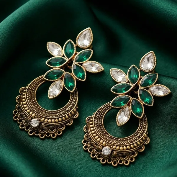 The99jewel_Antique_Gold_Floral_Stone_Chandbali_Earrings_For_Women_Green