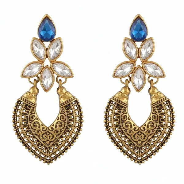 The99jewel_Antique_Gold_Floral_Stone_Chandbali_Earrings_For_Women_Blue