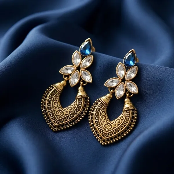 The99jewel_Antique_Gold_Floral_Stone_Chandbali_Earrings_For_Women_Blue