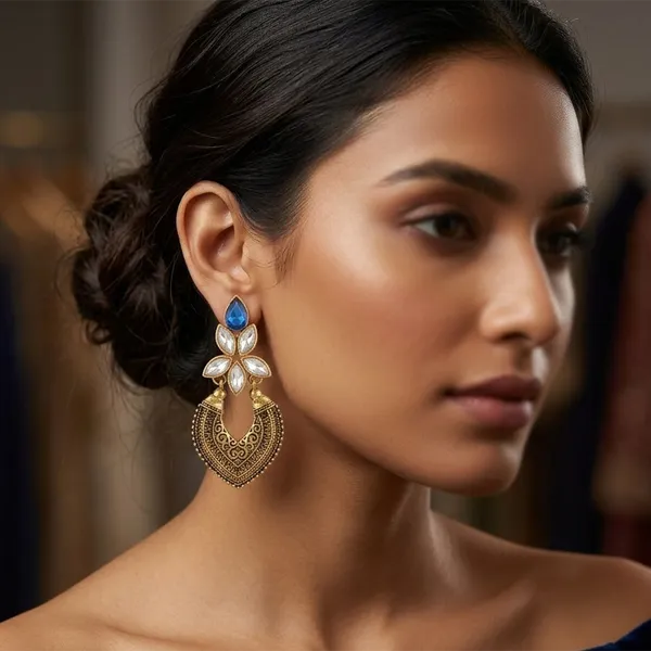 The99jewel_Antique_Gold_Floral_Stone_Chandbali_Earrings_For_Women_Blue